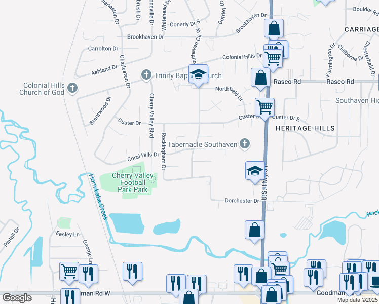 map of restaurants, bars, coffee shops, grocery stores, and more near 1845 Coral Hills Drive in Southaven