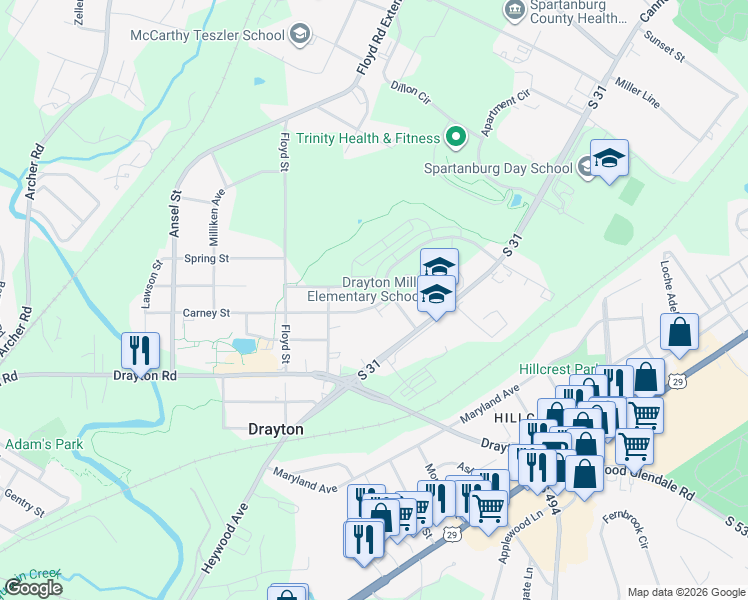 map of restaurants, bars, coffee shops, grocery stores, and more near 35 Carney Street in Drayton