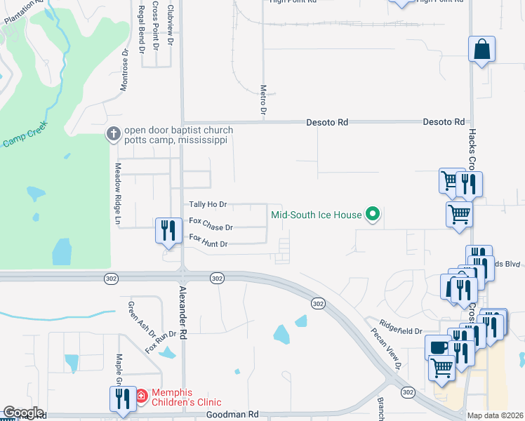 map of restaurants, bars, coffee shops, grocery stores, and more near 7665 Fox Hunt Drive in Olive Branch