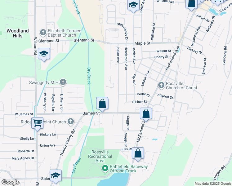 map of restaurants, bars, coffee shops, grocery stores, and more near 1113 Indian Avenue in Rossville