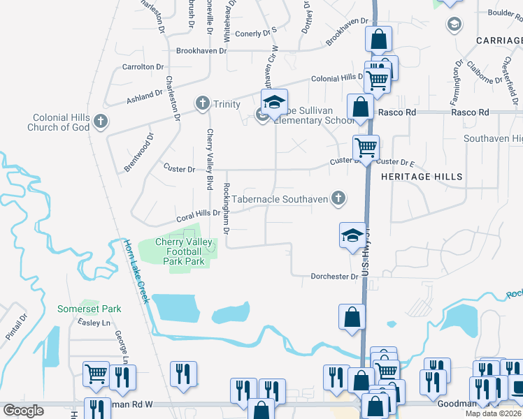 map of restaurants, bars, coffee shops, grocery stores, and more near 1845 Coral Hills Drive in Southaven