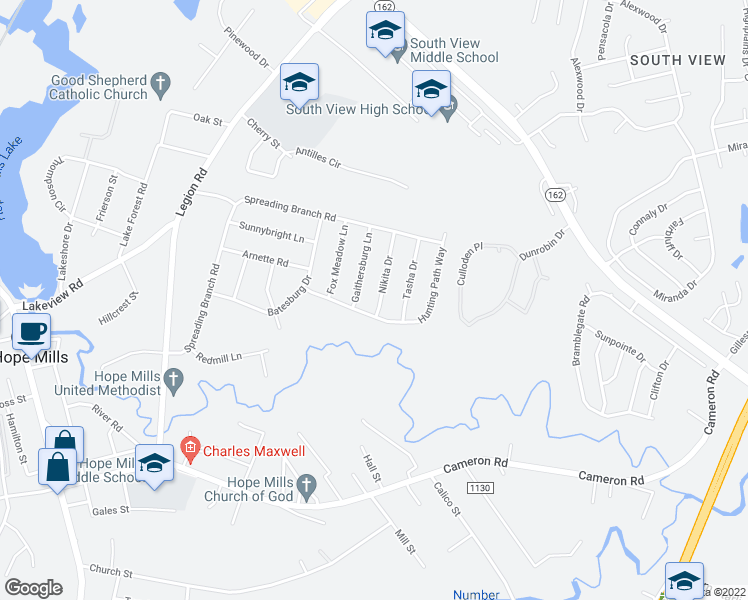 map of restaurants, bars, coffee shops, grocery stores, and more near 3940 Nikita Drive in Hope Mills