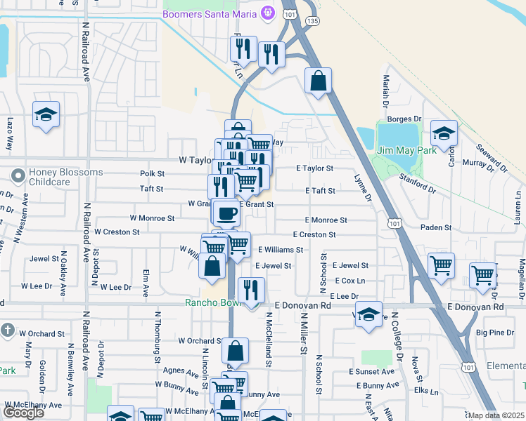map of restaurants, bars, coffee shops, grocery stores, and more near 1885 River Ranch Drive in Santa Maria