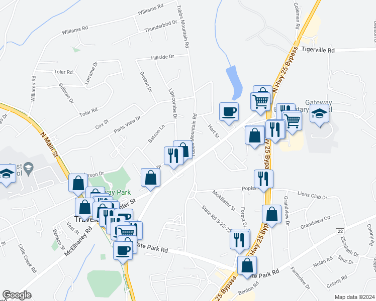 map of restaurants, bars, coffee shops, grocery stores, and more near 5 Tubbs Mountain Road in Travelers Rest