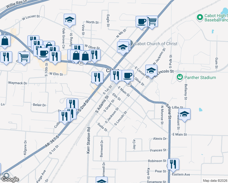 map of restaurants, bars, coffee shops, grocery stores, and more near 111 South Adams Street in Cabot