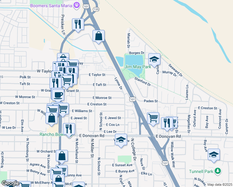 map of restaurants, bars, coffee shops, grocery stores, and more near 602 East Grant Street in Santa Maria