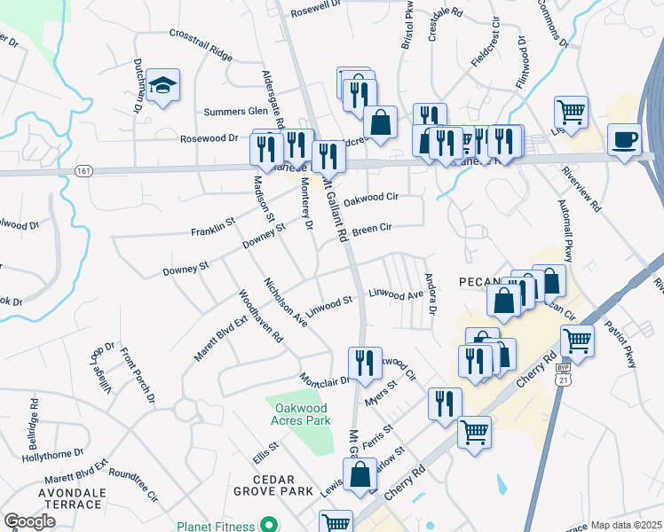 map of restaurants, bars, coffee shops, grocery stores, and more near 2319 Marett Boulevard in Rock Hill