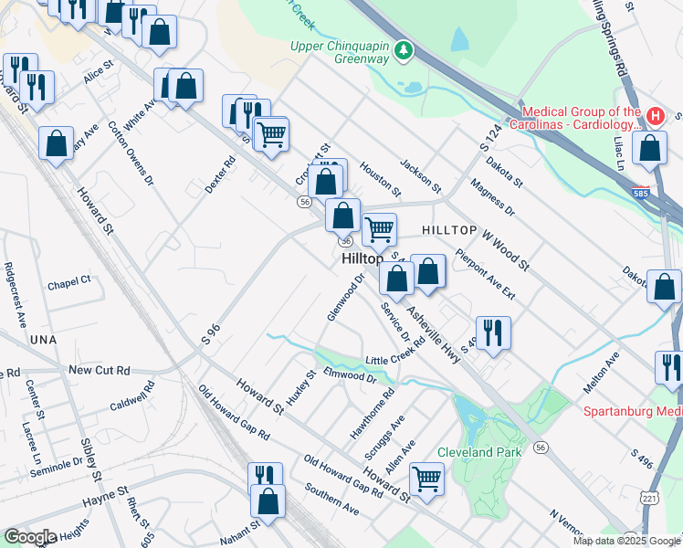 map of restaurants, bars, coffee shops, grocery stores, and more near 501 El Paso Street in Spartanburg