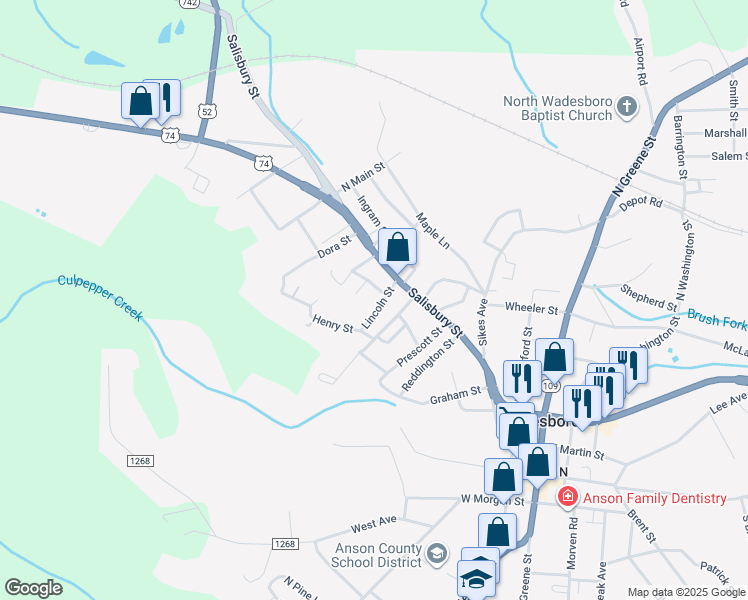 map of restaurants, bars, coffee shops, grocery stores, and more near 503 Lincoln St in Wadesboro