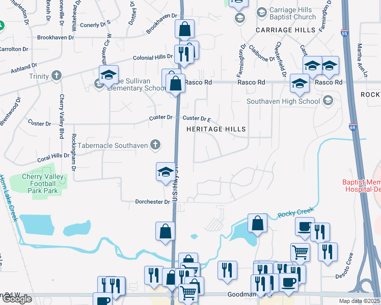 map of restaurants, bars, coffee shops, grocery stores, and more near 7661 Davis Parkway in Southaven