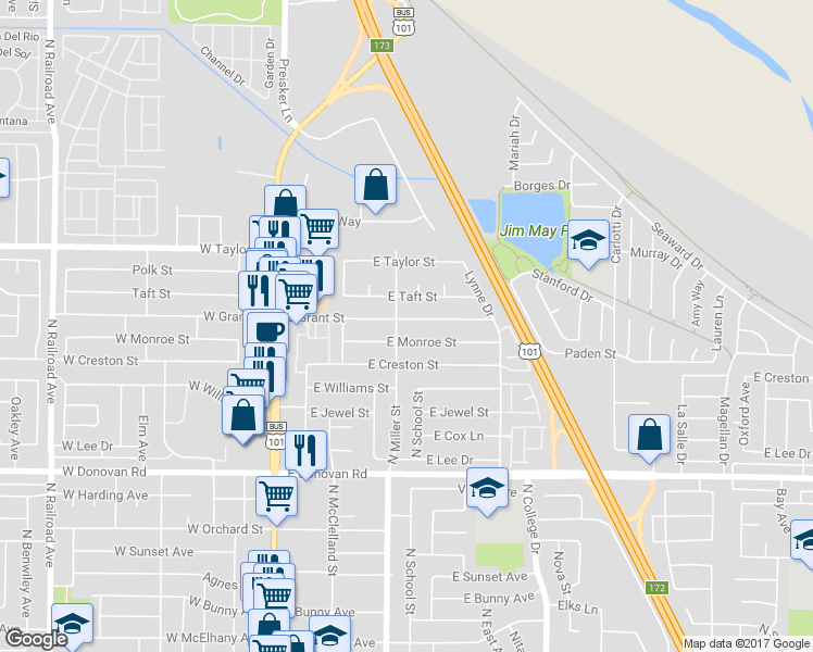 map of restaurants, bars, coffee shops, grocery stores, and more near 408 East Grant Street in Santa Maria