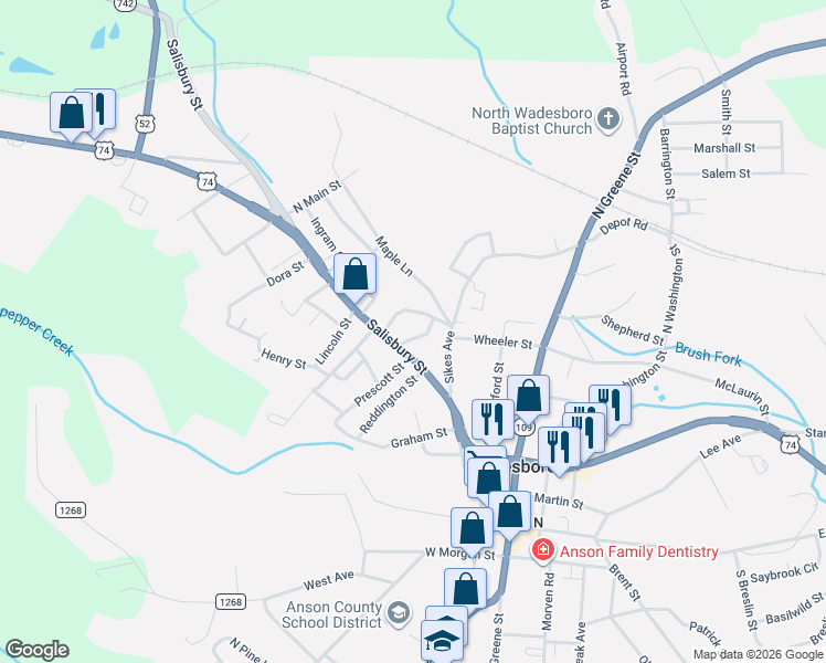 map of restaurants, bars, coffee shops, grocery stores, and more near 507 Lodge Street in Wadesboro