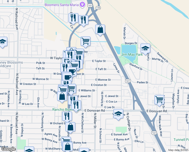 map of restaurants, bars, coffee shops, grocery stores, and more near 334 East Grant Street in Santa Maria