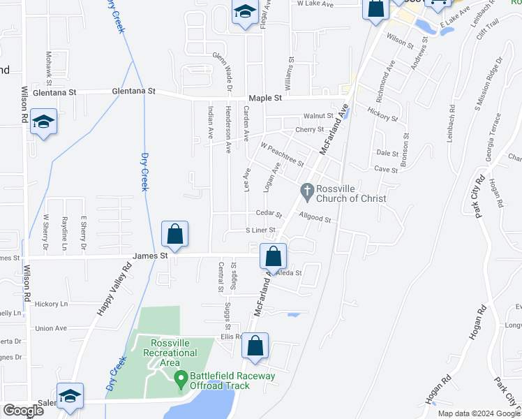 map of restaurants, bars, coffee shops, grocery stores, and more near 1109 Logan Avenue in Rossville