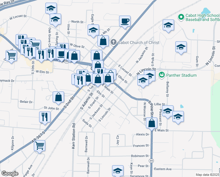 map of restaurants, bars, coffee shops, grocery stores, and more near 308 East Main Street in Cabot