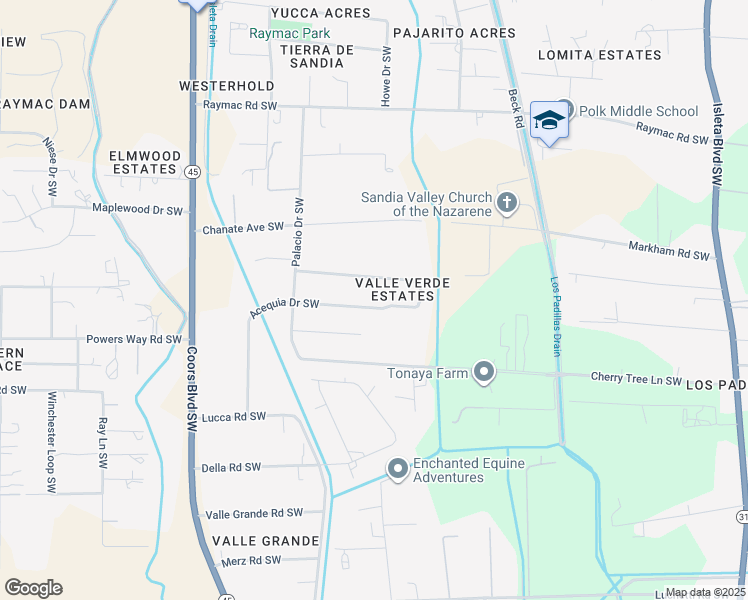 map of restaurants, bars, coffee shops, grocery stores, and more near 2601 Acequia Drive Southwest in Albuquerque