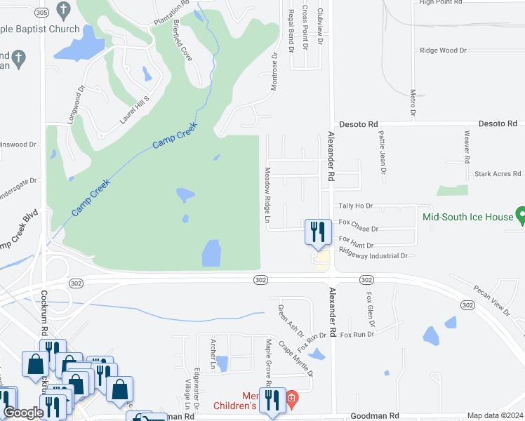 map of restaurants, bars, coffee shops, grocery stores, and more near 7681 Meadow Ridge Lane in Olive Branch