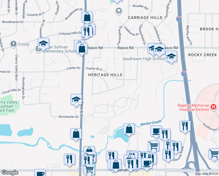 map of restaurants, bars, coffee shops, grocery stores, and more near 7664 Annesdale Drive in Southaven