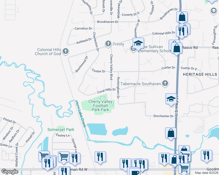 map of restaurants, bars, coffee shops, grocery stores, and more near 7581 Cherry Valley Boulevard in Southaven