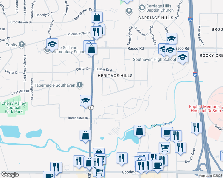 map of restaurants, bars, coffee shops, grocery stores, and more near 7664 Ragland Place in Southaven