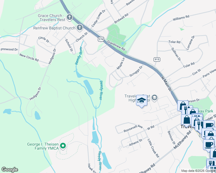 map of restaurants, bars, coffee shops, grocery stores, and more near 44 Maple Lane in Travelers Rest