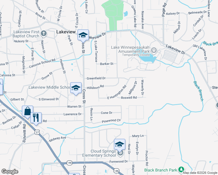 map of restaurants, bars, coffee shops, grocery stores, and more near 222 Hillsboro Road in Rossville