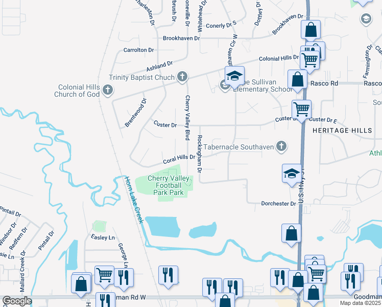 map of restaurants, bars, coffee shops, grocery stores, and more near 7582 Cherry Valley Boulevard in Southaven