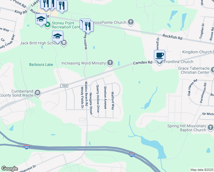 map of restaurants, bars, coffee shops, grocery stores, and more near Stretton Avenue in Fayetteville