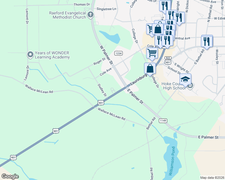 map of restaurants, bars, coffee shops, grocery stores, and more near 752 Laurinburg Road in Raeford
