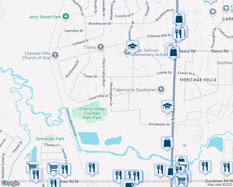 map of restaurants, bars, coffee shops, grocery stores, and more near 1924 Coral Hills Drive in Southaven