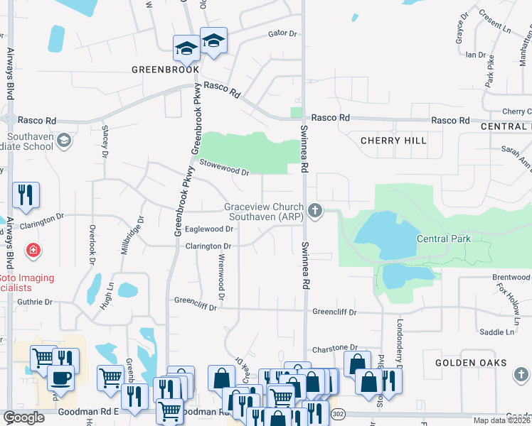 map of restaurants, bars, coffee shops, grocery stores, and more near 869 Birchfield Place in Southaven