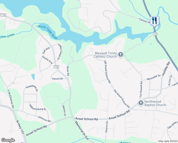 map of restaurants, bars, coffee shops, grocery stores, and more near 205 Saddle Creek Court in Greer