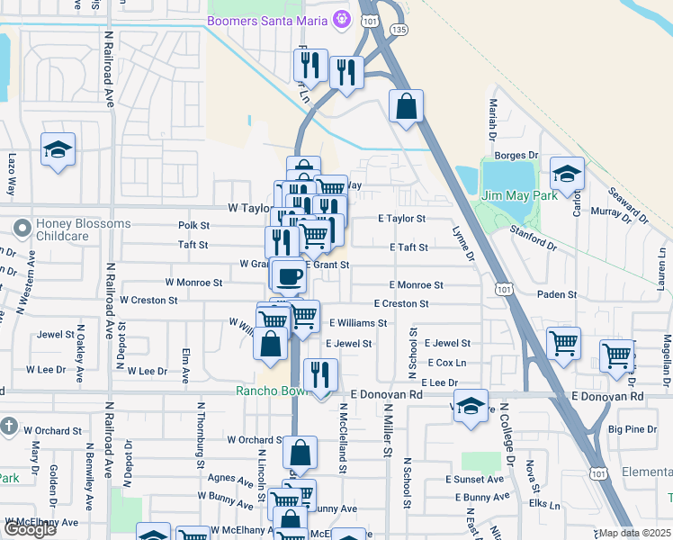 map of restaurants, bars, coffee shops, grocery stores, and more near 1885 River Ranch Drive in Santa Maria