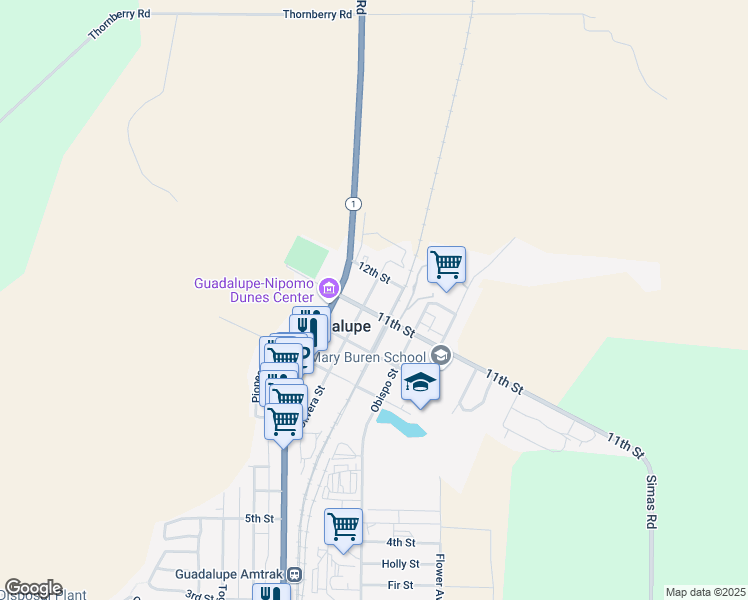 map of restaurants, bars, coffee shops, grocery stores, and more near 1104 Olivera Street in Guadalupe