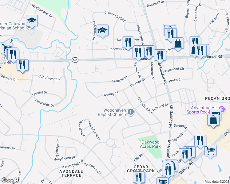 map of restaurants, bars, coffee shops, grocery stores, and more near 2021 Downey Street in Rock Hill