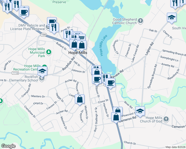 map of restaurants, bars, coffee shops, grocery stores, and more near 5431 Trade Street in Hope Mills