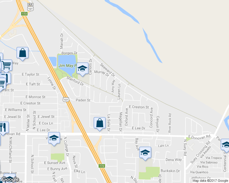map of restaurants, bars, coffee shops, grocery stores, and more near 1824 Amy Way in Santa Maria