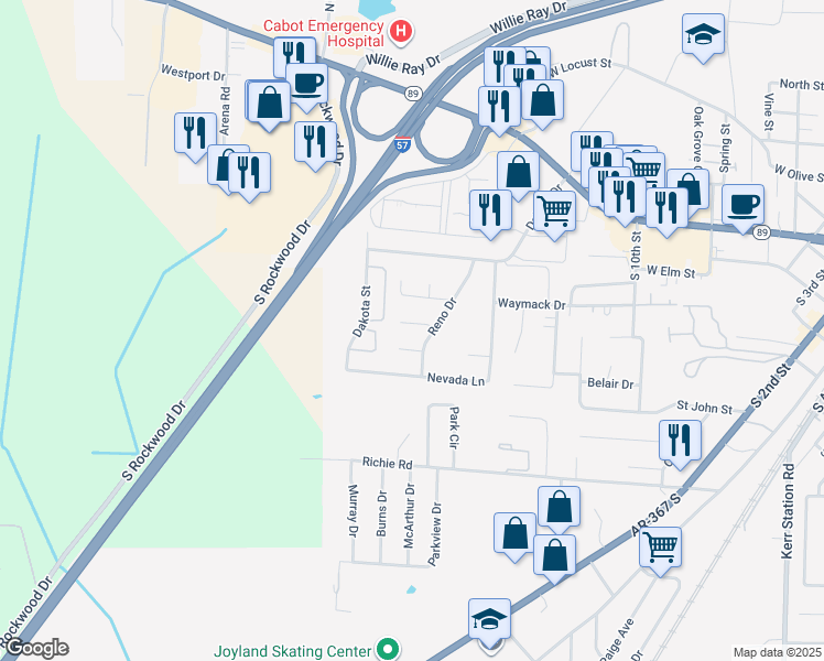 map of restaurants, bars, coffee shops, grocery stores, and more near 15 Tahoe Court in Cabot
