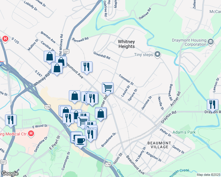 map of restaurants, bars, coffee shops, grocery stores, and more near 258 Boundary Drive in Spartanburg