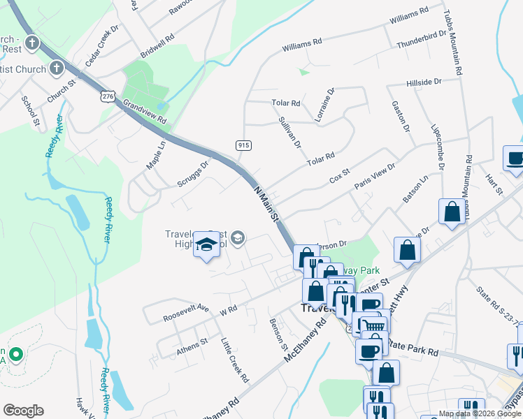 map of restaurants, bars, coffee shops, grocery stores, and more near in Travelers Rest