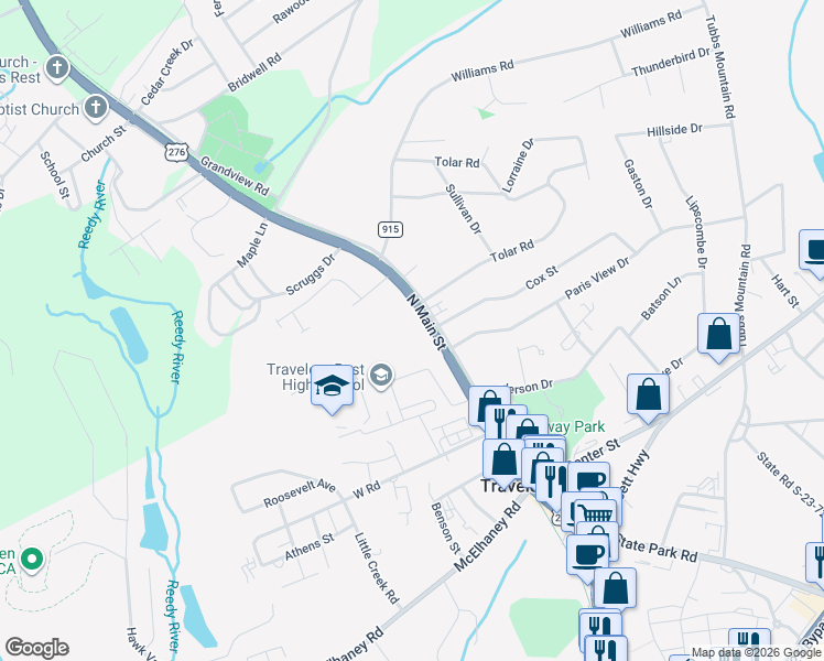 map of restaurants, bars, coffee shops, grocery stores, and more near 503 North Main Street in Travelers Rest