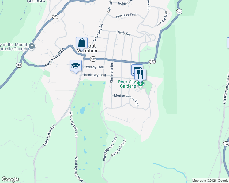 map of restaurants, bars, coffee shops, grocery stores, and more near 1410 Cinderella Road in Lookout Mountain
