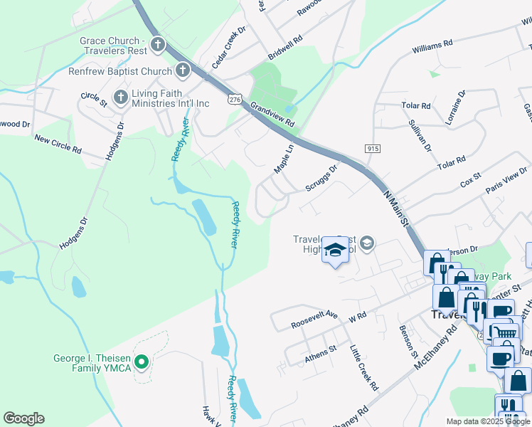 map of restaurants, bars, coffee shops, grocery stores, and more near 50 Maple Lane in Travelers Rest