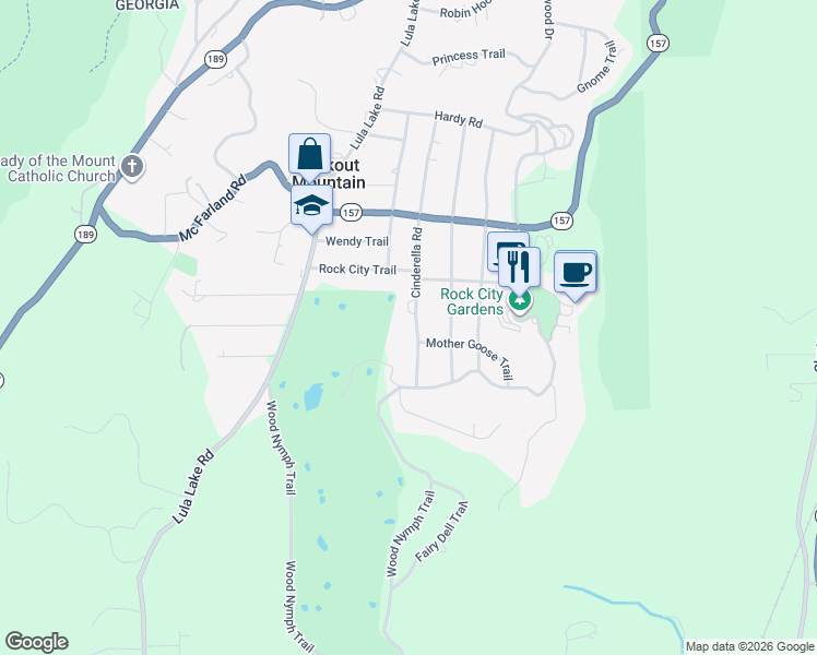 map of restaurants, bars, coffee shops, grocery stores, and more near 1410 Cinderella Road in Lookout Mountain