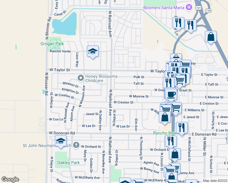 map of restaurants, bars, coffee shops, grocery stores, and more near 720 West Grant Street in Santa Maria