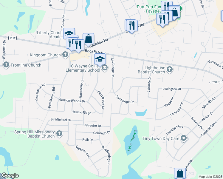 map of restaurants, bars, coffee shops, grocery stores, and more near 3205 Tully Lane in Hope Mills
