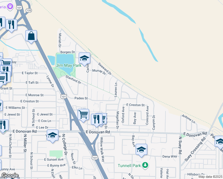map of restaurants, bars, coffee shops, grocery stores, and more near 1824 Amy Way in Santa Maria