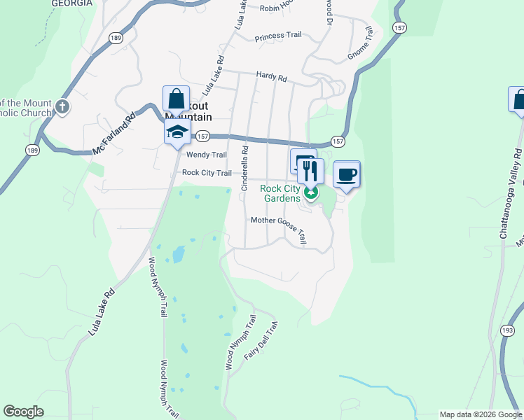 map of restaurants, bars, coffee shops, grocery stores, and more near 1404 Peter Pan Road in Lookout Mountain