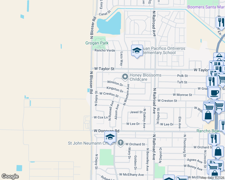 map of restaurants, bars, coffee shops, grocery stores, and more near 1056 Kingston Drive in Santa Maria