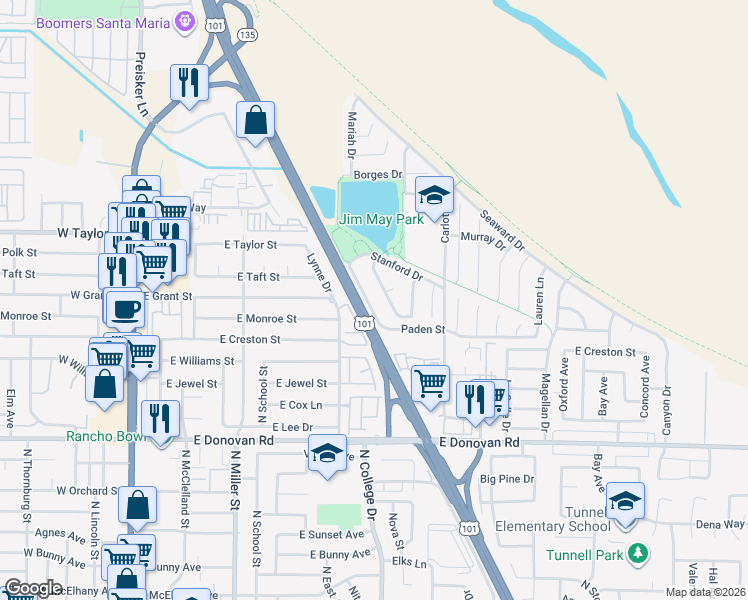 map of restaurants, bars, coffee shops, grocery stores, and more near 843 Paden Street in Santa Maria